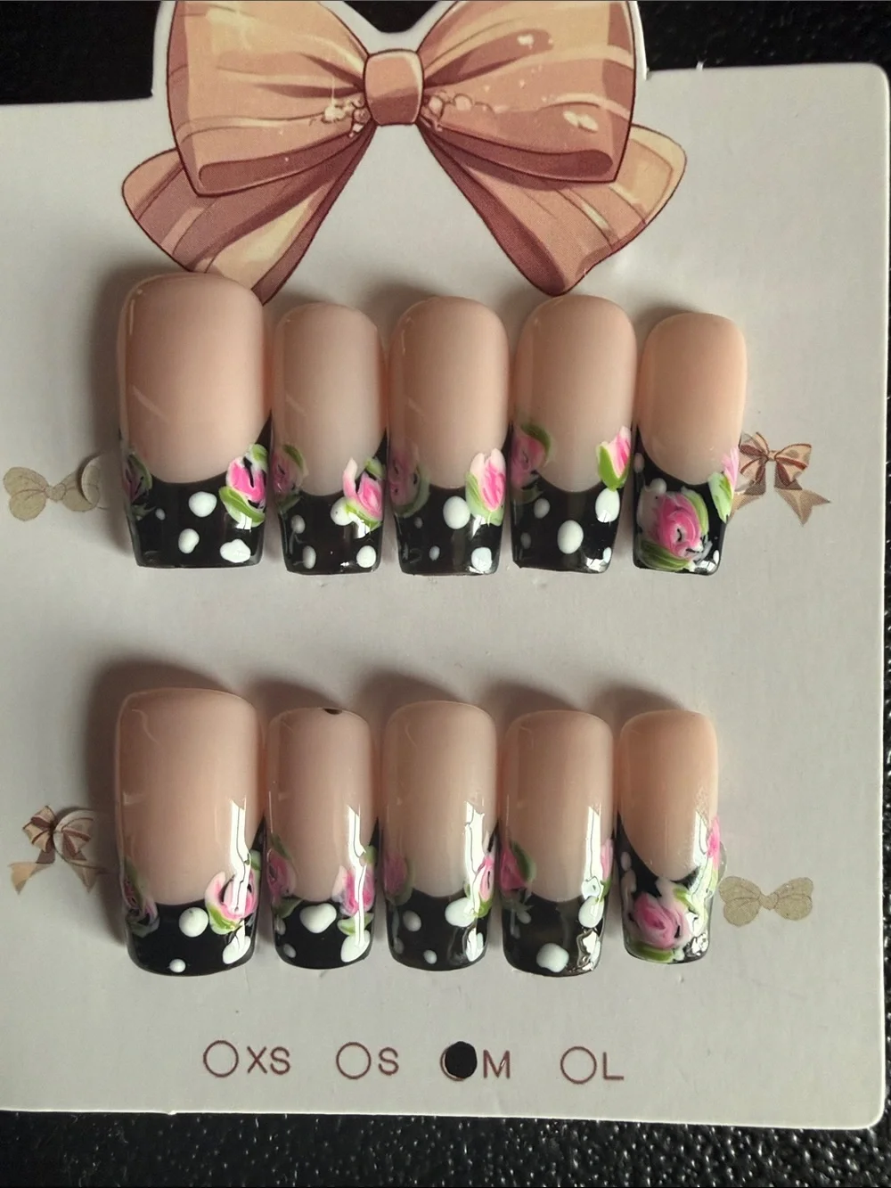 Nude & Black Floral Press-On Nails - Pink Rose Accent